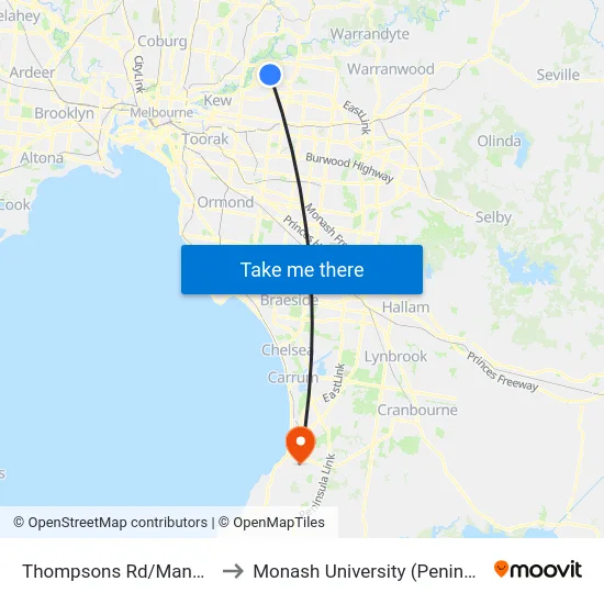 Thompsons Rd/Manningham Rd to Monash University (Peninsula Campus) map