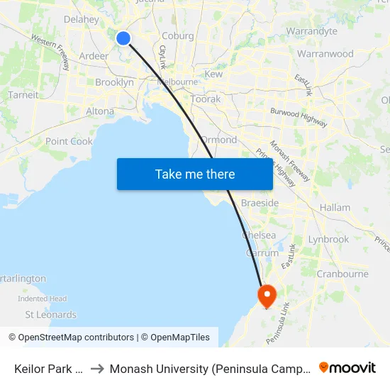 Keilor Park Dr to Monash University (Peninsula Campus) map