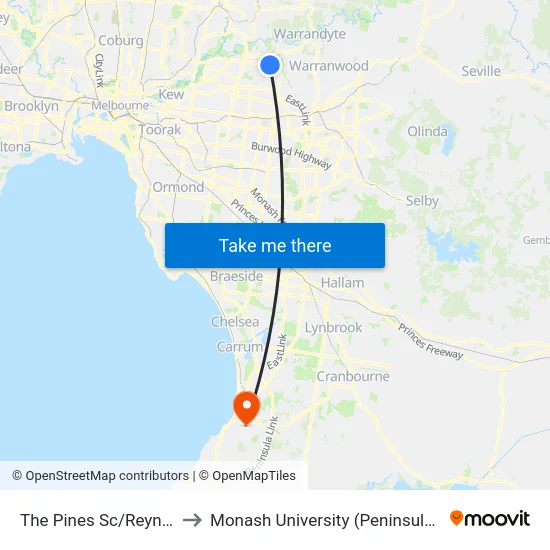 The Pines Sc/Reynolds Rd to Monash University (Peninsula Campus) map