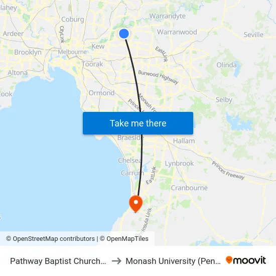 Pathway Baptist Church/Thompsons Rd to Monash University (Peninsula Campus) map