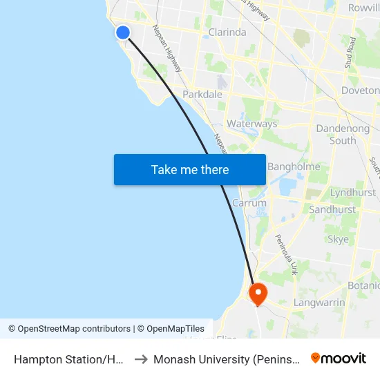 Hampton Station/Hampton St to Monash University (Peninsula Campus) map