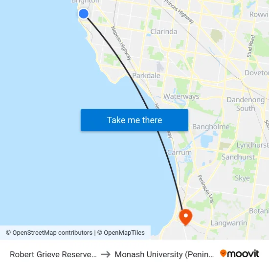 Robert Grieve Reserve/Burrows St to Monash University (Peninsula Campus) map