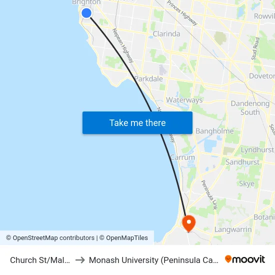 Church St/Male St to Monash University (Peninsula Campus) map