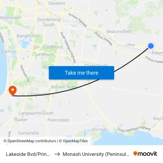 Lakeside Bvd/Princes Hwy to Monash University (Peninsula Campus) map
