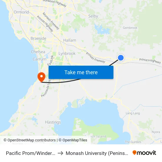 Pacific Prom/Windermere Bvd to Monash University (Peninsula Campus) map