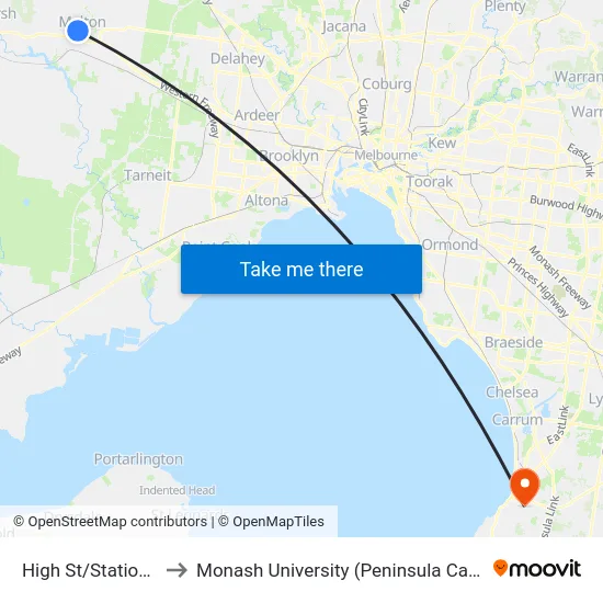 High St/Station Rd to Monash University (Peninsula Campus) map