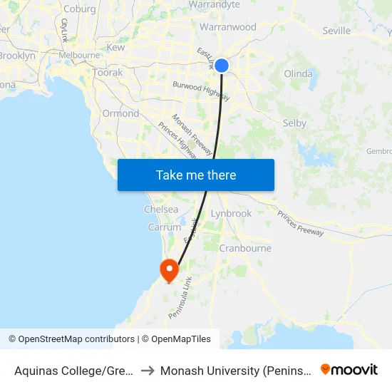 Aquinas College/Great Ryrie St to Monash University (Peninsula Campus) map