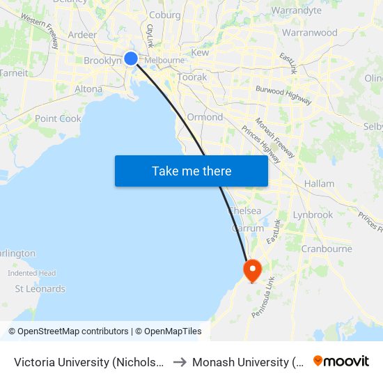 Victoria University (Nicholson)/Albert St (Footscray) to Monash University (Peninsula Campus) map
