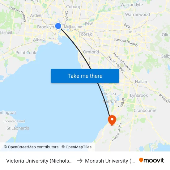 Victoria University/Albert St to Monash University (Peninsula Campus) map