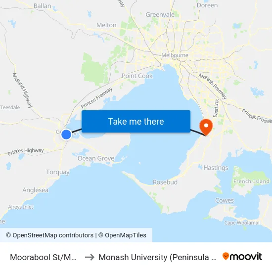 Moorabool St/Malop St to Monash University (Peninsula Campus) map