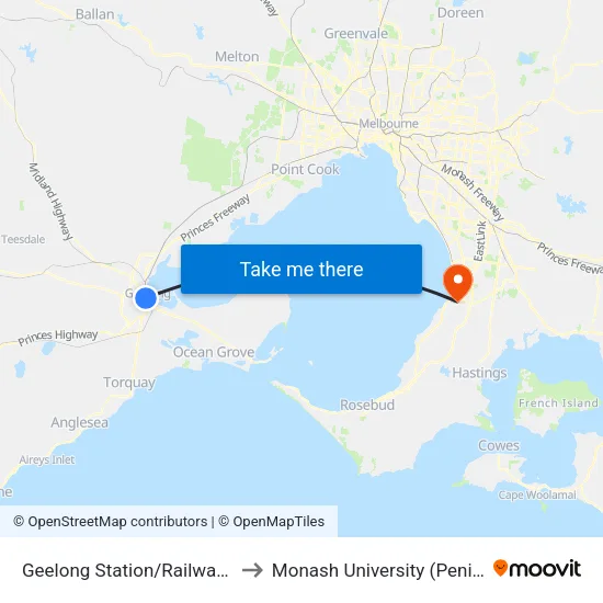 Geelong Station/Railway Tce to Monash University (Peninsula Campus) map