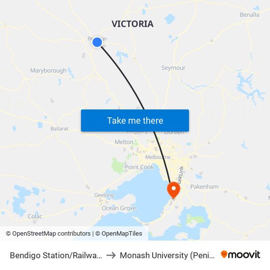 Bendigo Station/Railway Pl (Bendigo) to Monash University (Peninsula Campus) map