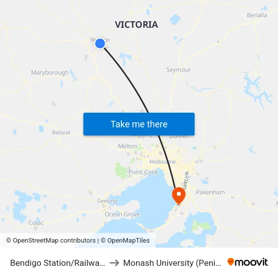 Bendigo Station/Railway Pl to Monash University (Peninsula Campus) map
