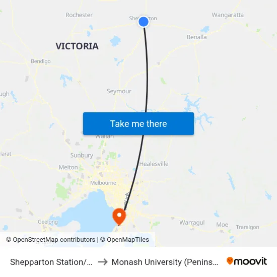 Shepparton Station/Purcell St to Monash University (Peninsula Campus) map