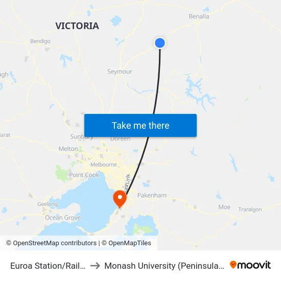 Euroa Station/Railway St to Monash University (Peninsula Campus) map