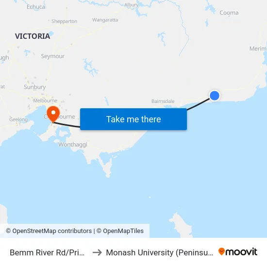 Bemm River Rd/Princes Hwy to Monash University (Peninsula Campus) map