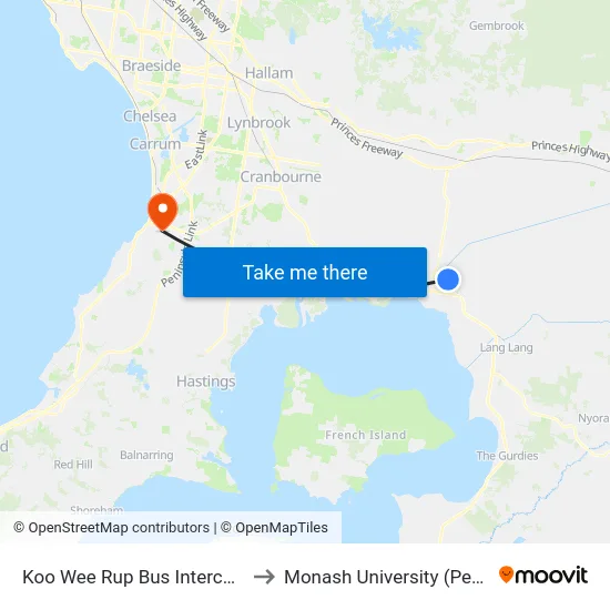 Koo Wee Rup Bus Interchange/Rossiter Rd to Monash University (Peninsula Campus) map