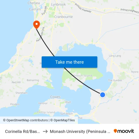 Corinella Rd/Bass Hwy to Monash University (Peninsula Campus) map