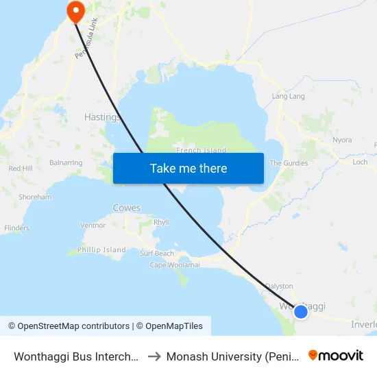 Wonthaggi Bus Interchange/Biggs Dr to Monash University (Peninsula Campus) map