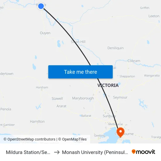 Mildura Station/Seventh St to Monash University (Peninsula Campus) map
