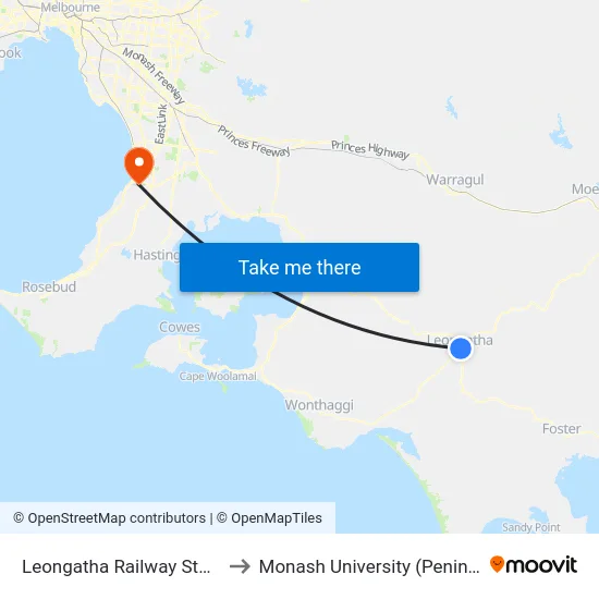 Leongatha Railway Station/Long St to Monash University (Peninsula Campus) map