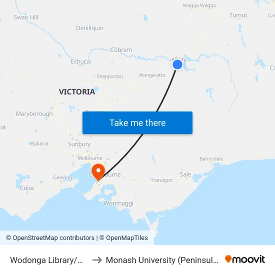 Wodonga Library/Hovell St to Monash University (Peninsula Campus) map