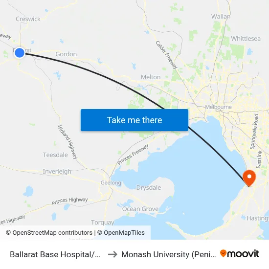 Ballarat Base Hospital/Drummond St N to Monash University (Peninsula Campus) map