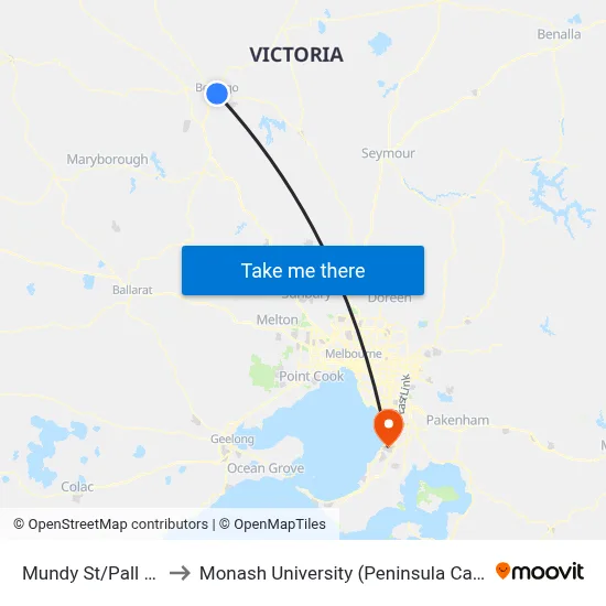 Mundy St/Pall Mall to Monash University (Peninsula Campus) map