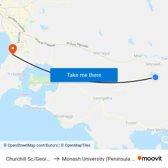 Churchill Sc/Georgina Pl to Monash University (Peninsula Campus) map
