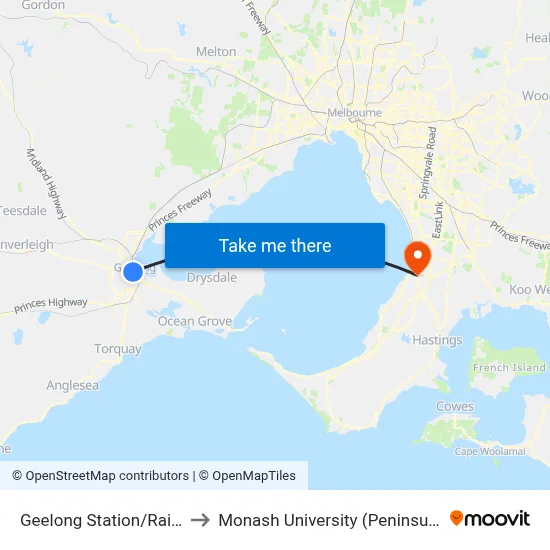 Geelong Station/Railway Tce to Monash University (Peninsula Campus) map