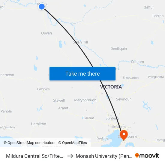 Mildura Central Sc/Fifteenth St to Monash University (Peninsula Campus) map