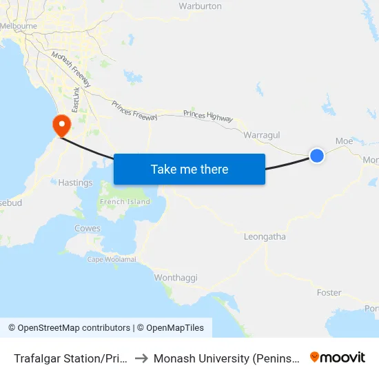 Trafalgar Station/Princes Hwy to Monash University (Peninsula Campus) map
