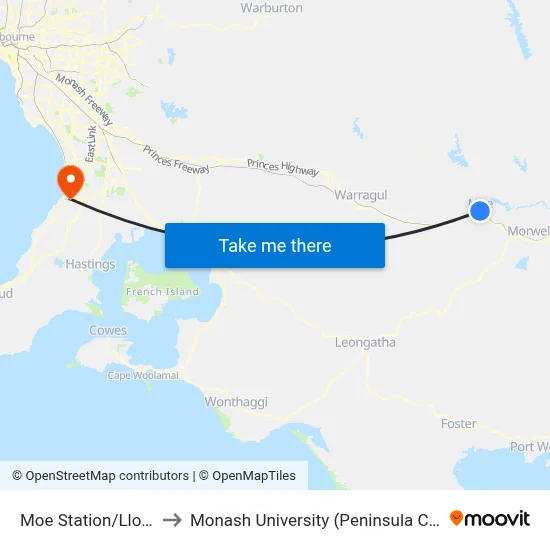 Moe Station/Lloyd St to Monash University (Peninsula Campus) map