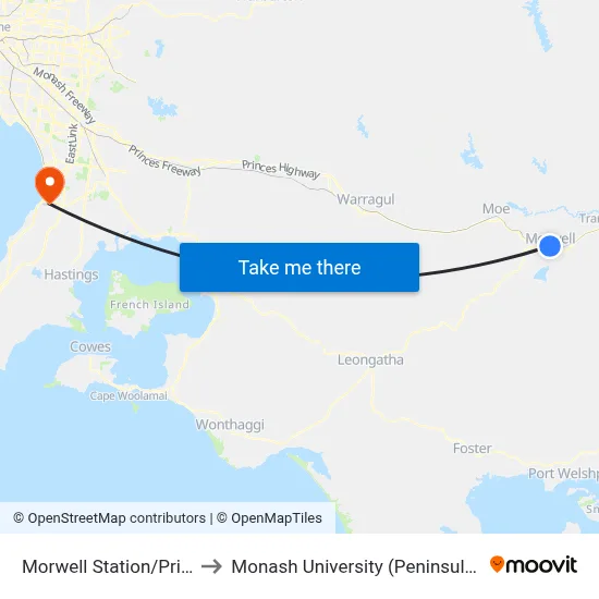 Morwell Station/Princes Dr to Monash University (Peninsula Campus) map