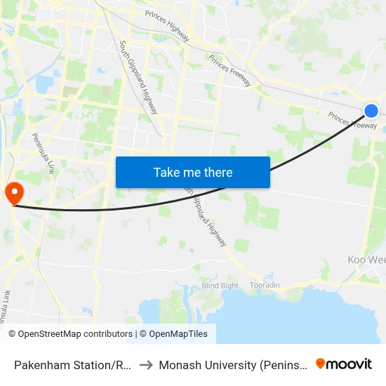 Pakenham Station/Railway Ave to Monash University (Peninsula Campus) map