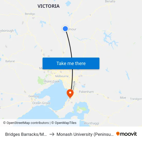 Bridges Barracks/Morobe Rd to Monash University (Peninsula Campus) map