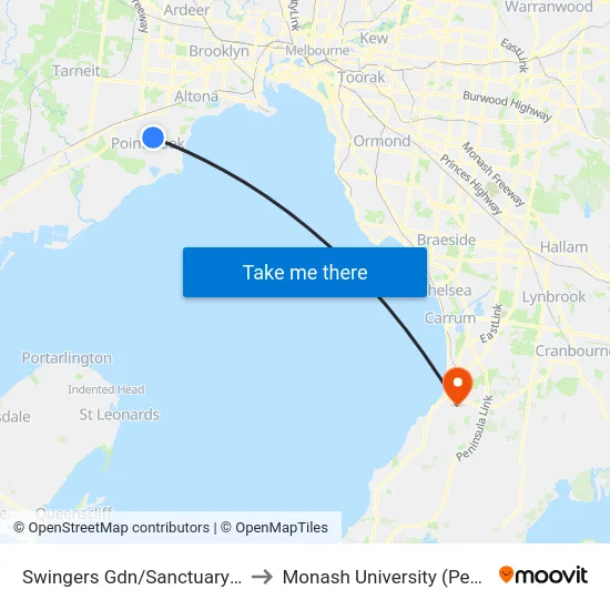 Swingers Gdn/Sanctuary Lakes North Bvd to Monash University (Peninsula Campus) map