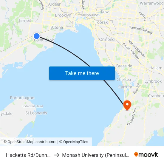 Hacketts Rd/Dunnings Rd to Monash University (Peninsula Campus) map