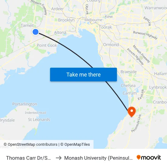 Thomas Carr Dr/Sayers Rd to Monash University (Peninsula Campus) map