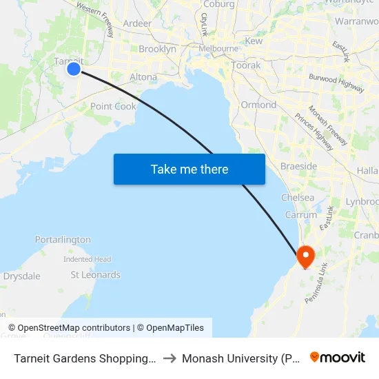 Tarneit Gardens Shopping Centre/Wickford Rd to Monash University (Peninsula Campus) map