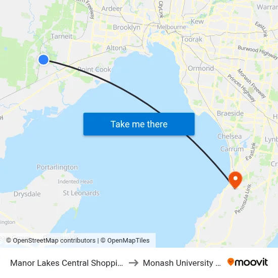 Manor Lakes Central Shopping Centre/Manor Lakes Bvd to Monash University (Peninsula Campus) map