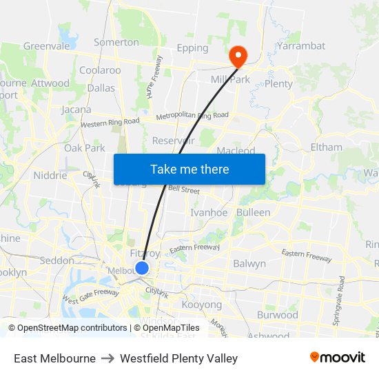 East Melbourne to Westfield Plenty Valley map