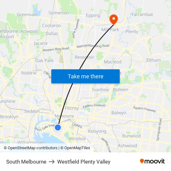 South Melbourne to Westfield Plenty Valley map