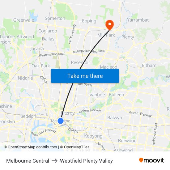 Melbourne Central to Westfield Plenty Valley map