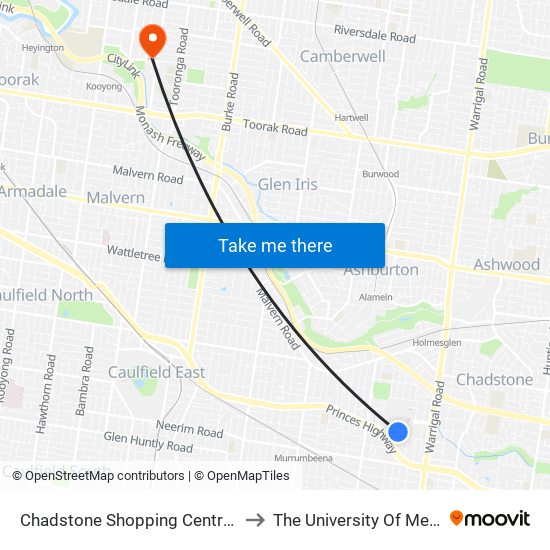 Chadstone Shopping Centre/Eastern Access Rd (Malvern East) to The University Of Melbourne (Hawthorn Campus) map