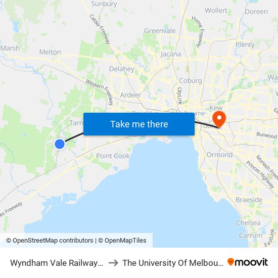 Wyndham Vale Railway Station (Manor Lakes) to The University Of Melbourne (Hawthorn Campus) map