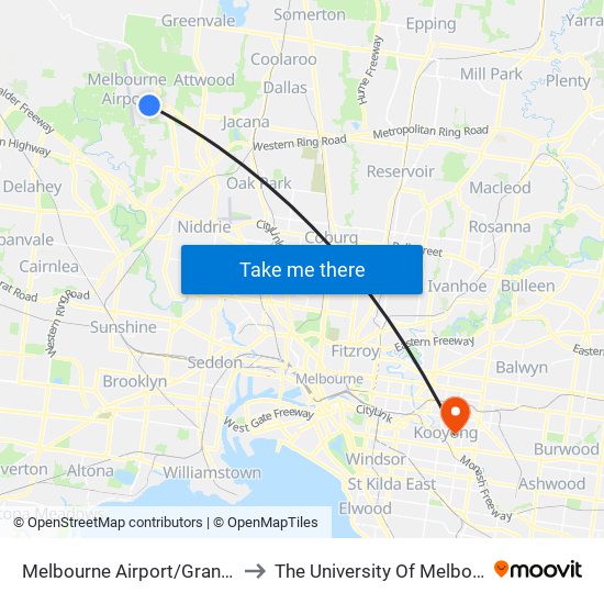Melbourne Airport/Grants Rd (Melbourne Airport) to The University Of Melbourne (Hawthorn Campus) map