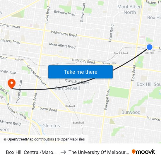 Box Hill Central/Maroondah Hwy (Box Hill) to The University Of Melbourne (Hawthorn Campus) map