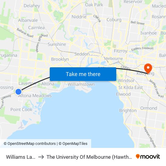 Williams Landing to The University Of Melbourne (Hawthorn Campus) map