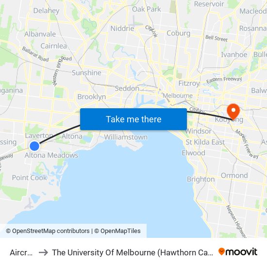 Aircraft to The University Of Melbourne (Hawthorn Campus) map